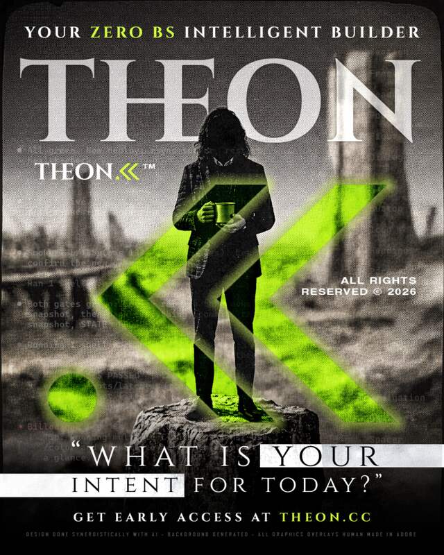 Campaign poster: a figure holding the THEON mark above a river