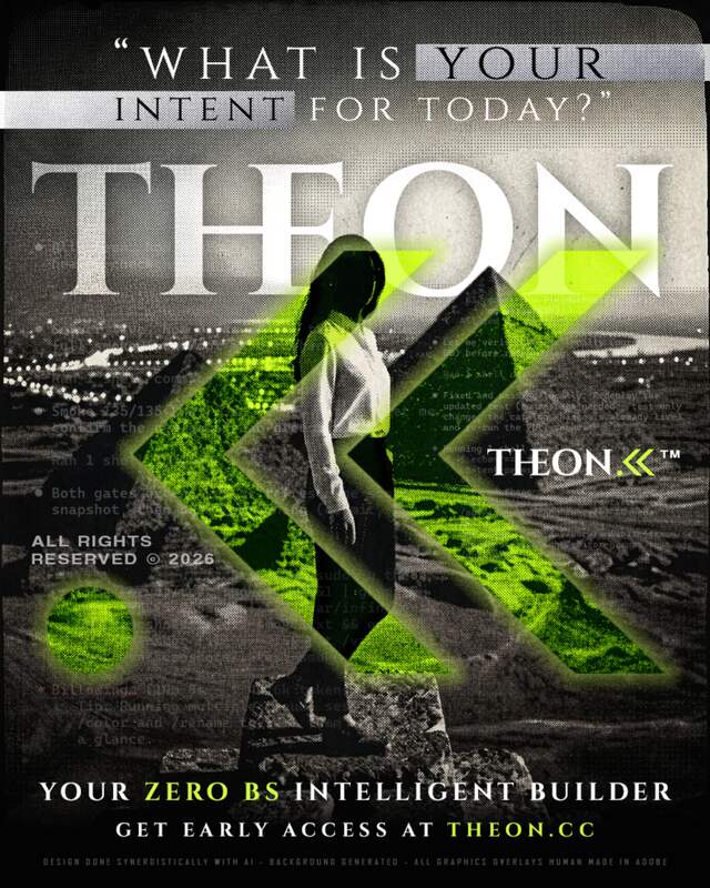 Campaign poster: a figure above a valley of lights, under the THEON mark