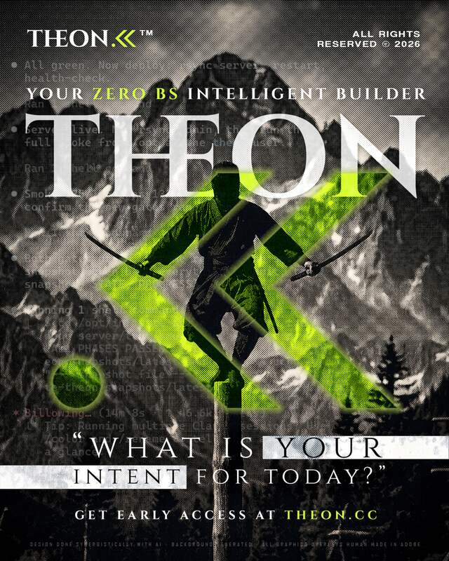 Campaign poster: a figure on a mountain peak, under the THEON mark