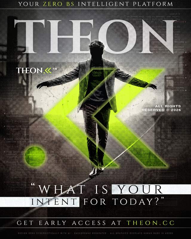 Campaign poster: a figure walks a tightrope across the THEON mark